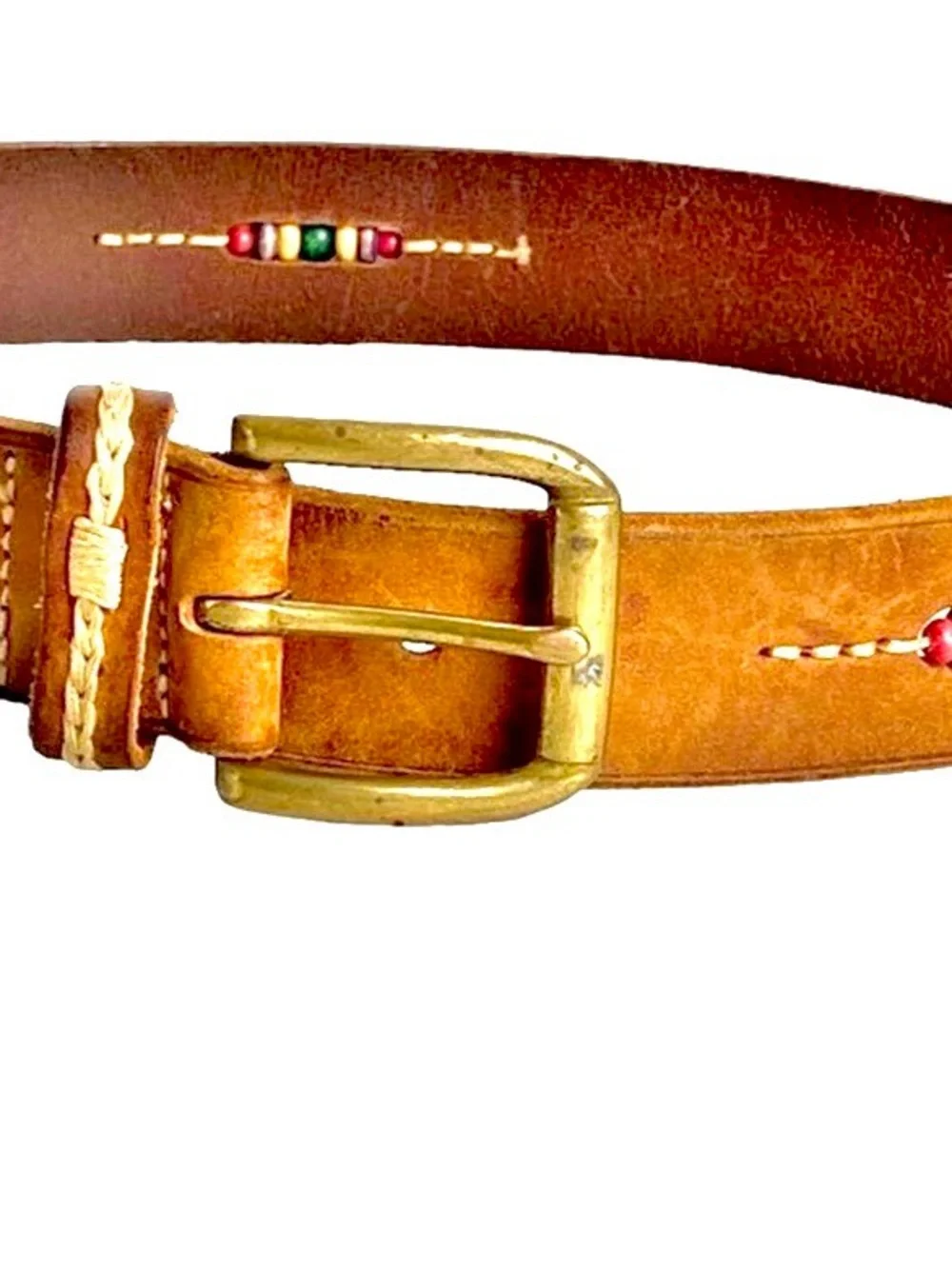 Womens Tan Leather Belt with Color Beading Inlay and Brass Buckle 32”